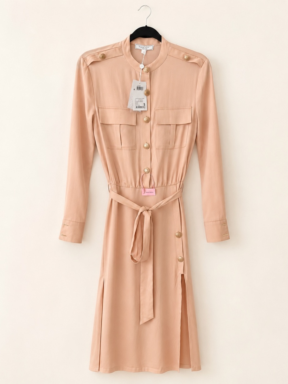 Silky Peach Button-Front Shirt Dress with Belt
